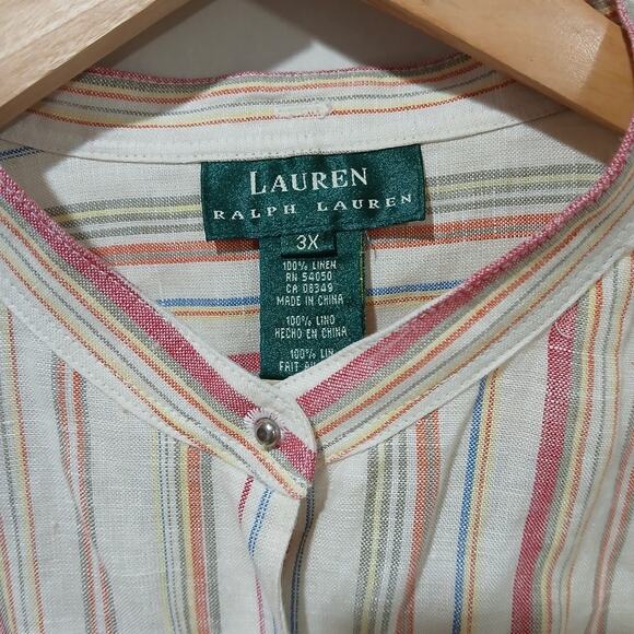 Lauren Ralph Lauren Linen Top Womens 3X NWT Striped Great Plains Band Collar - Picture 4 of 10